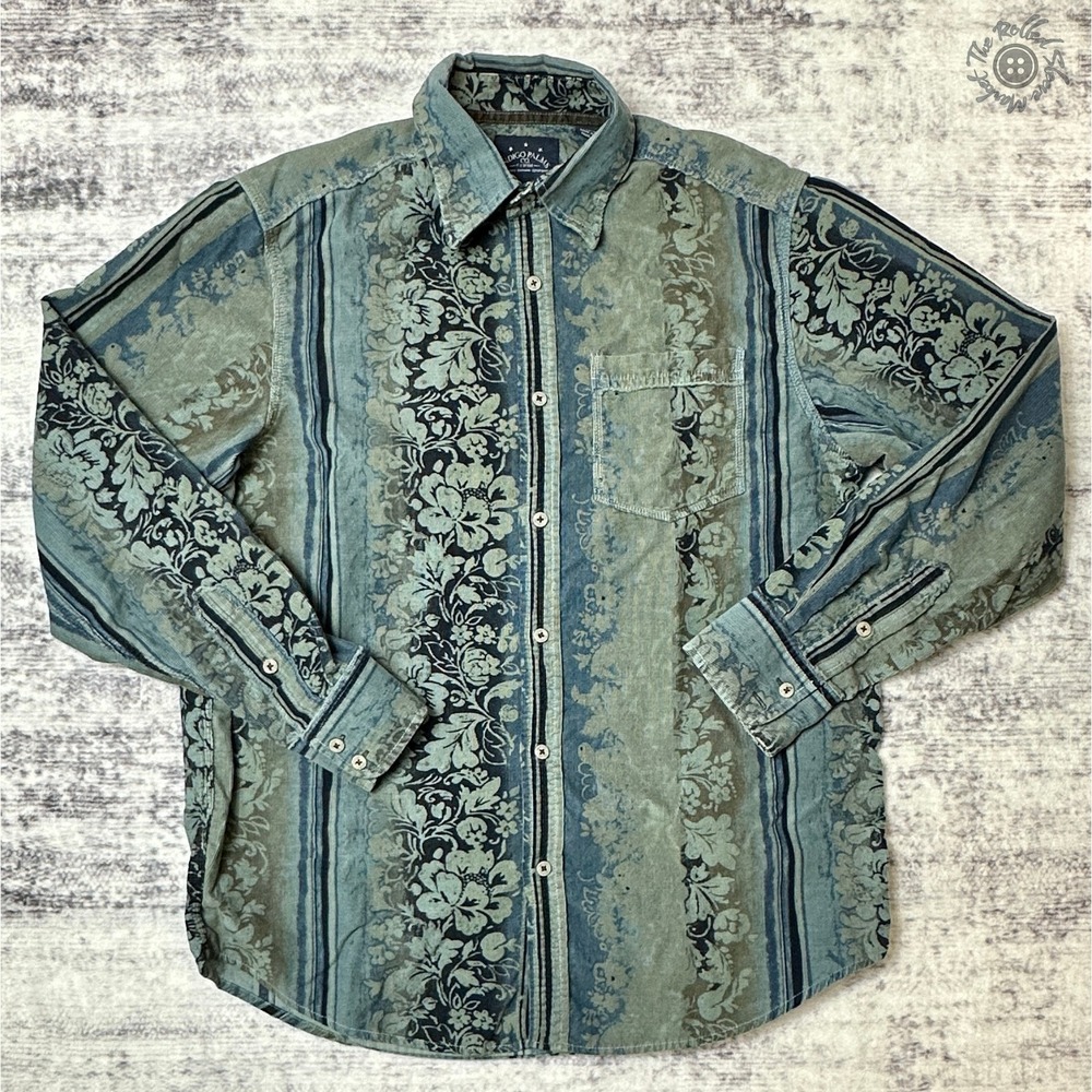 Indigo Palms Tommy Bahama Blue Green Floral Corduroy Shirt Men's Medium Y2K